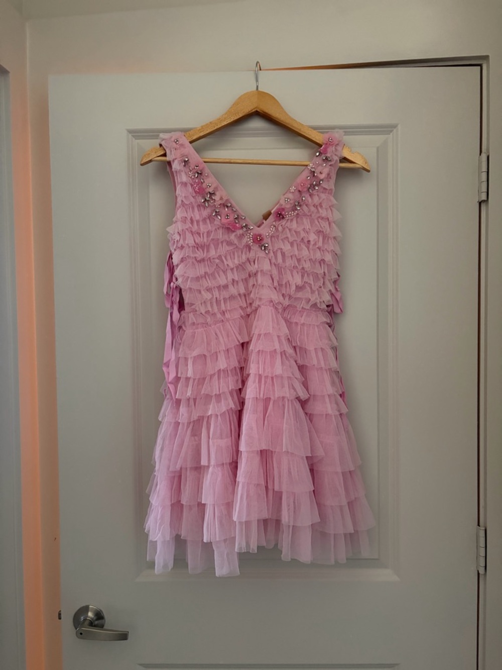 LoveShackFancy Pink Ruffled Tulle Mini Dress with Beaded V-Neck